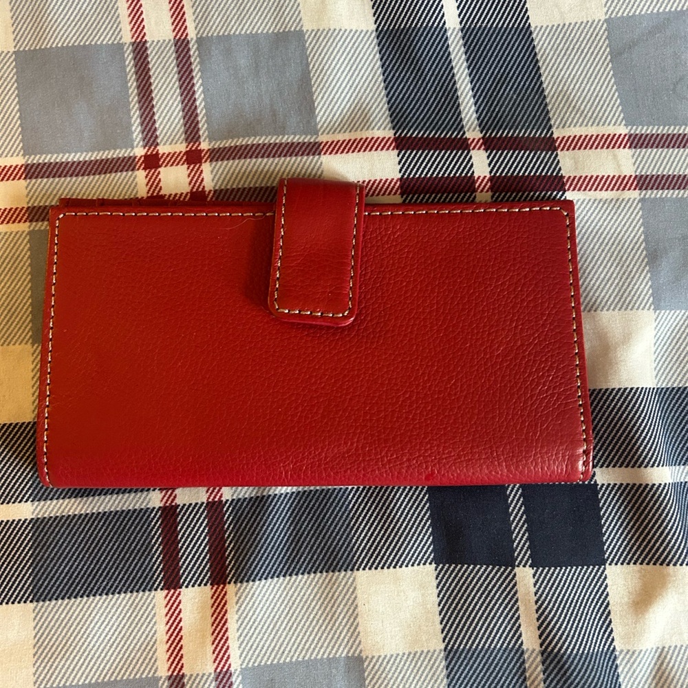 Red Genuine Leather Snap Wallet with white piping accent EUC